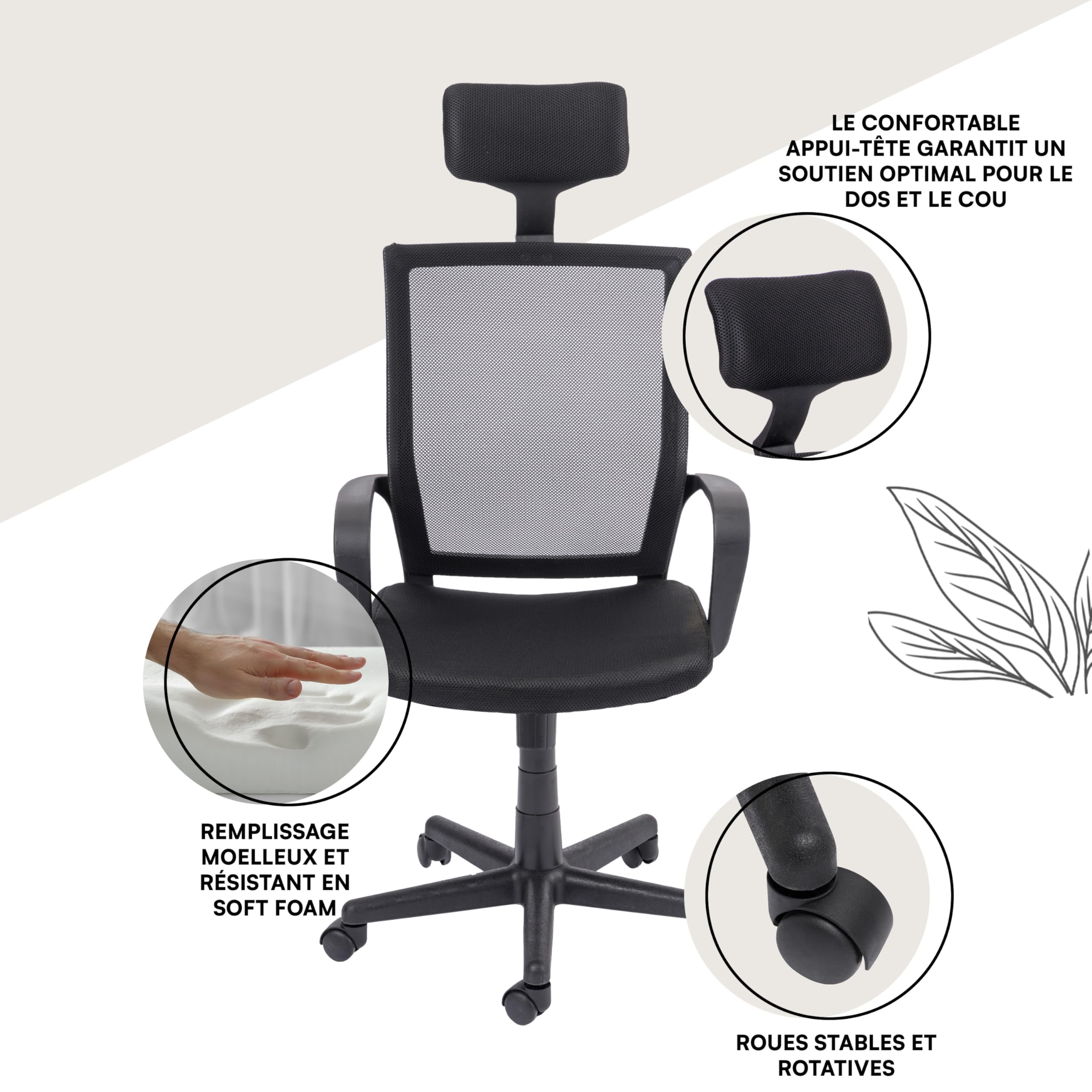 baroni-home-sedie-chaise-bureau-noire-appui-t-te-55x48x91 image 6