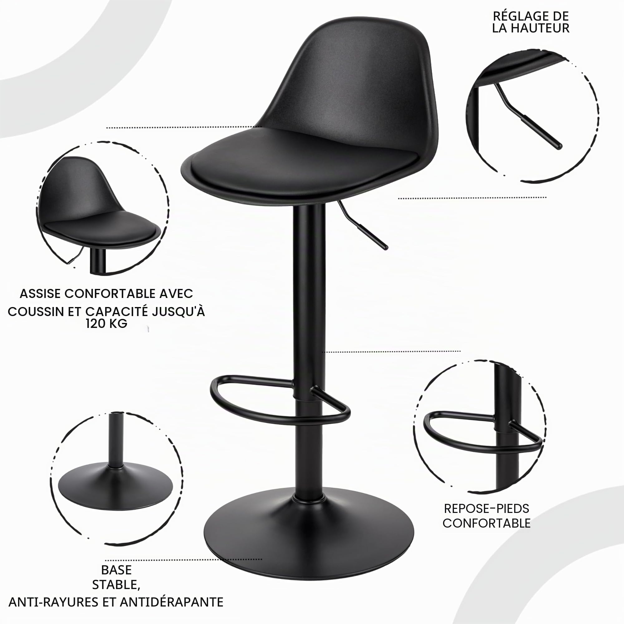 baroni-home-sedie-tabouret-de-bar-noir-r-glable-82-104-cm-1-pi-ce image 5