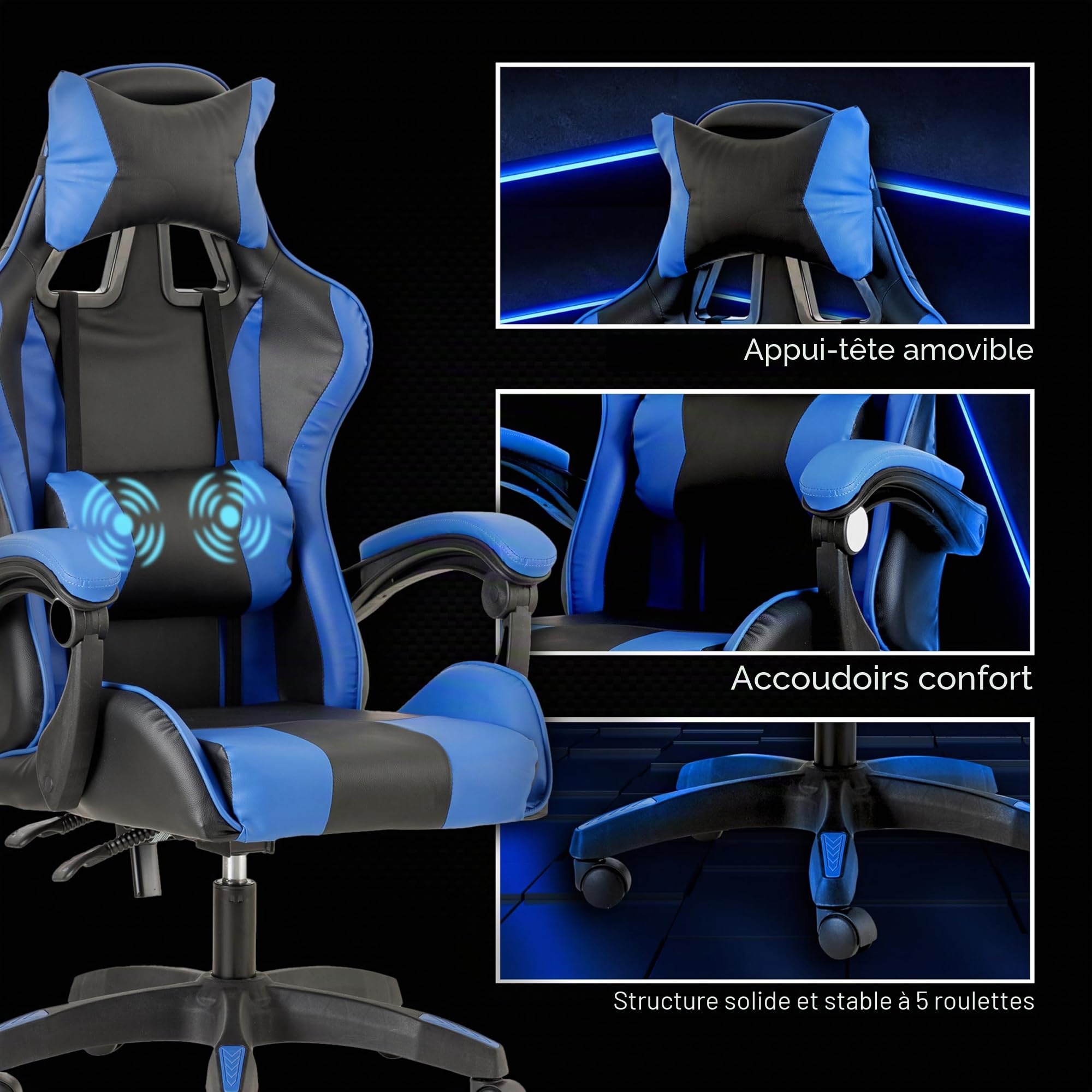 baroni-home-sedie-chaise-gaming-bleue-massage-lombaire-inclinable image 6