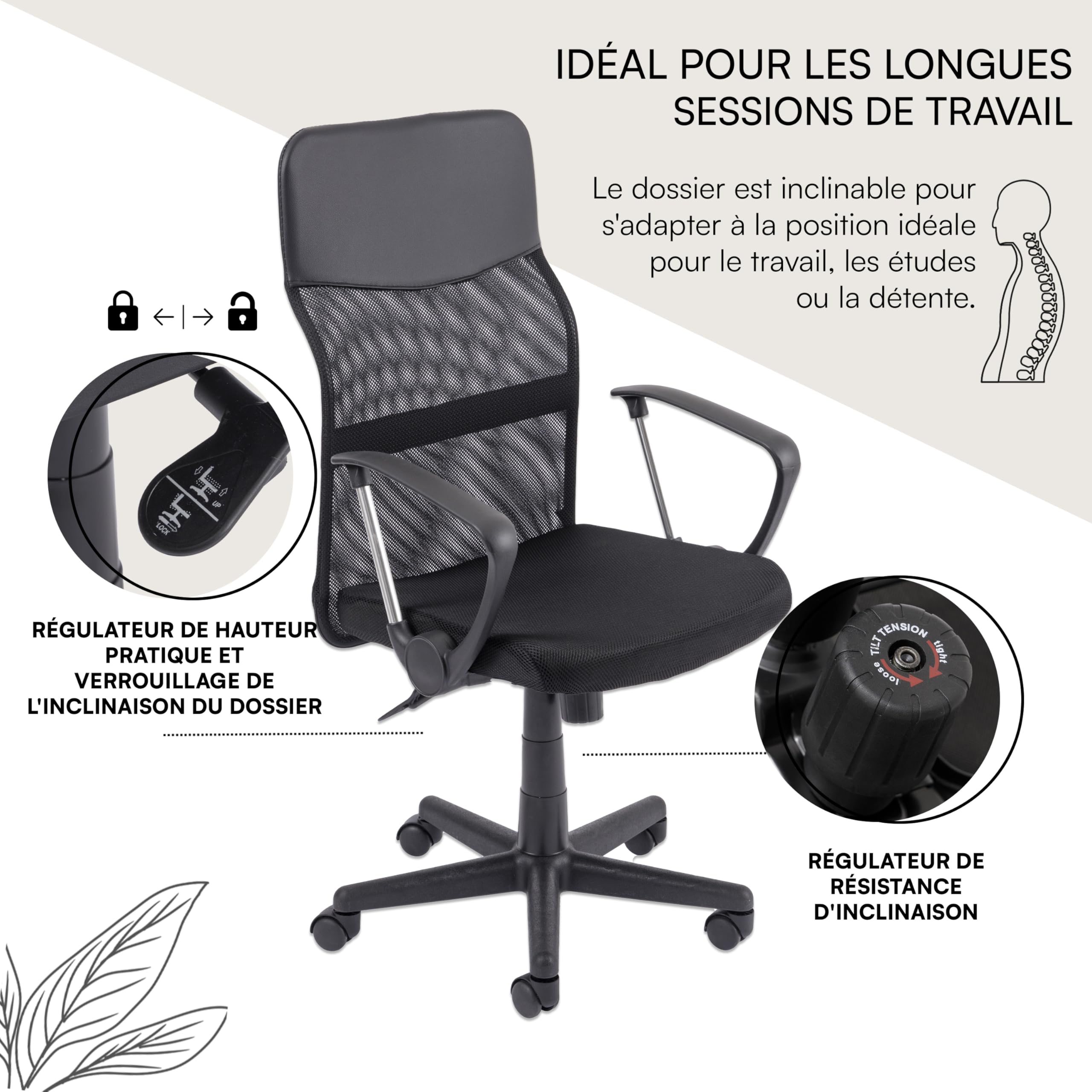 baroni-home-sedie-chaise-bureau-similicuir-noir-hauteur-r-glable image 6