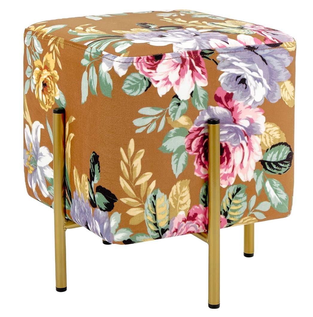 baroni-home-pouf-pouf-velours-fleurs-cognac-pieds-or-33x33x38-cm image 3