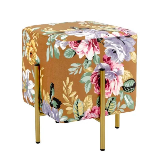 baroni-home-pouf-pouf-velours-fleurs-cognac-pieds-or-33x33x38-cm image 1