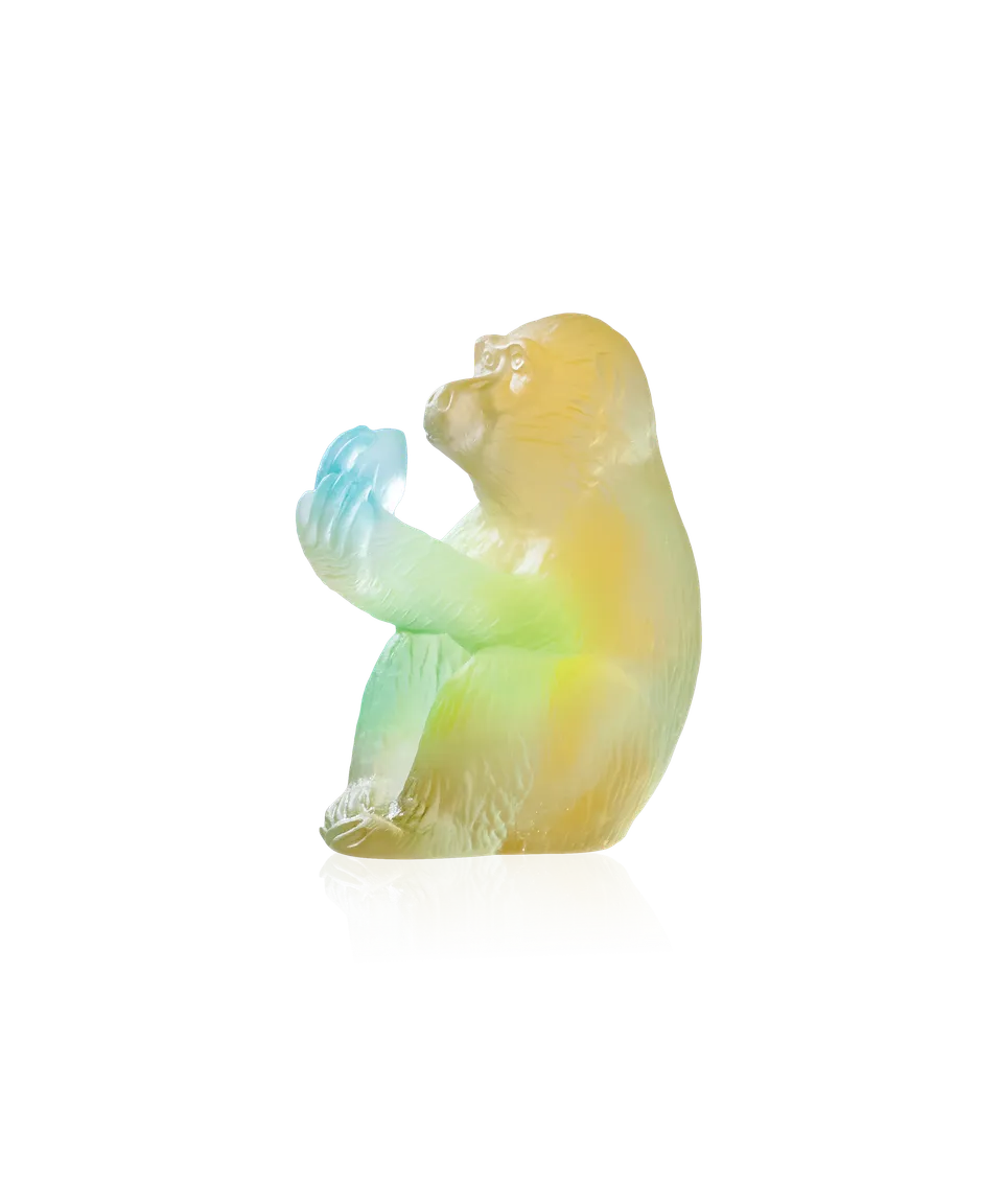 daum-univers-animalier-singe-la-p-che-sculpture-p-te-de-verre-jaune-vert image 1