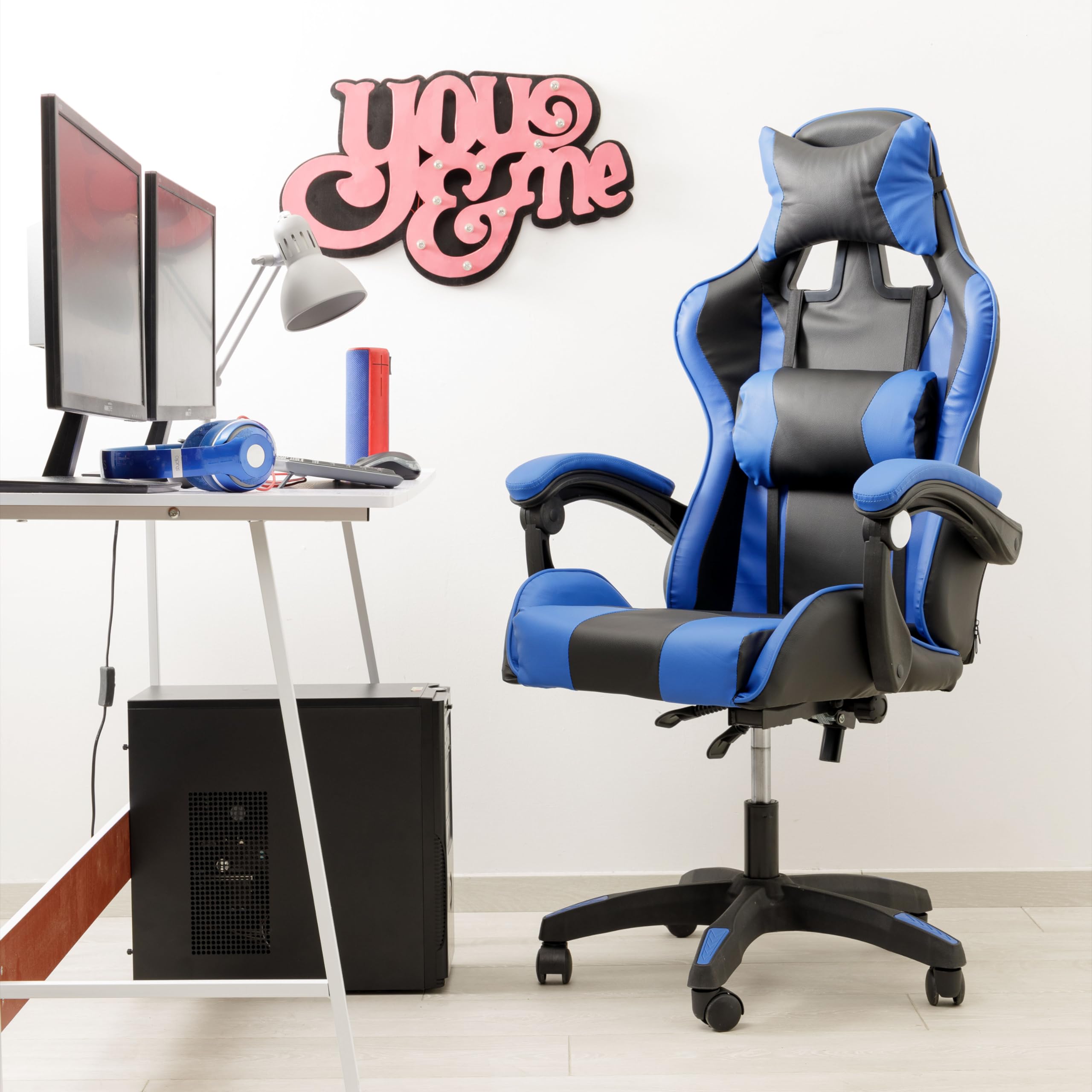 baroni-home-sedie-chaise-gaming-bleue-massage-lombaire-inclinable image 2