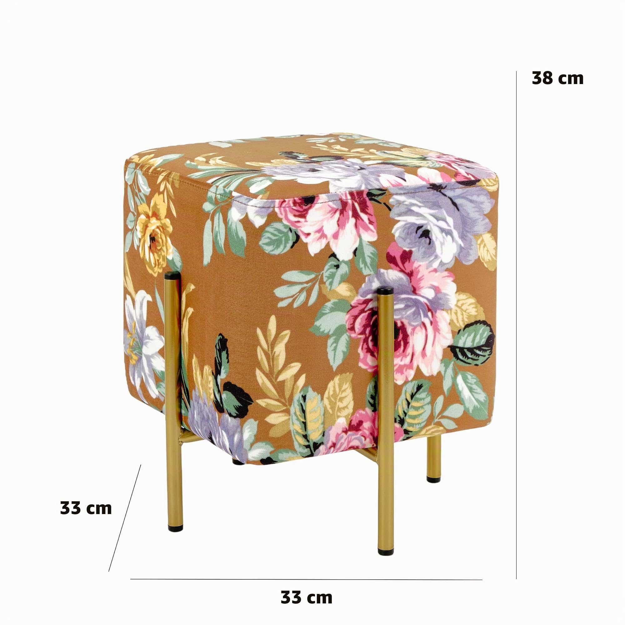 baroni-home-pouf-pouf-velours-fleurs-cognac-pieds-or-33x33x38-cm image 2