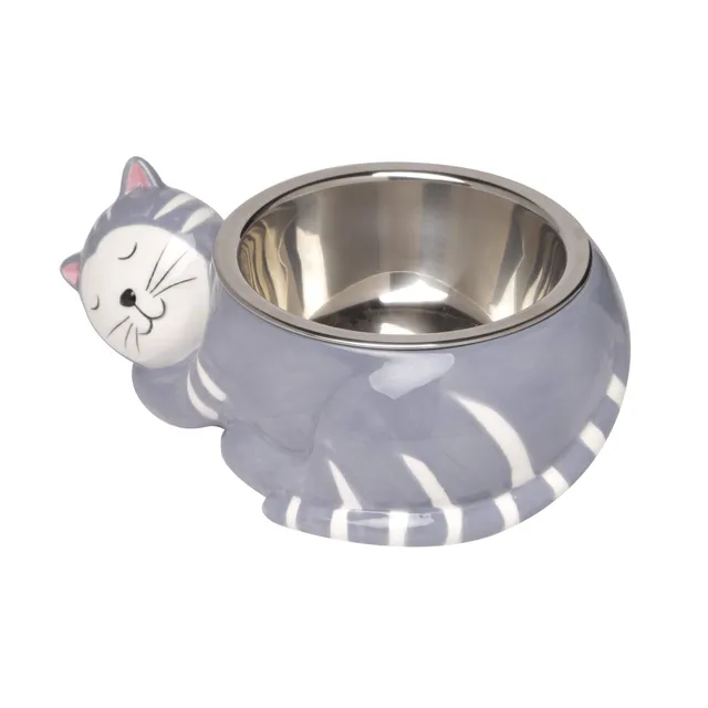 baroni-home-pet-bol-c-ramique-chat-gris-21-cm-acier-inox image 1