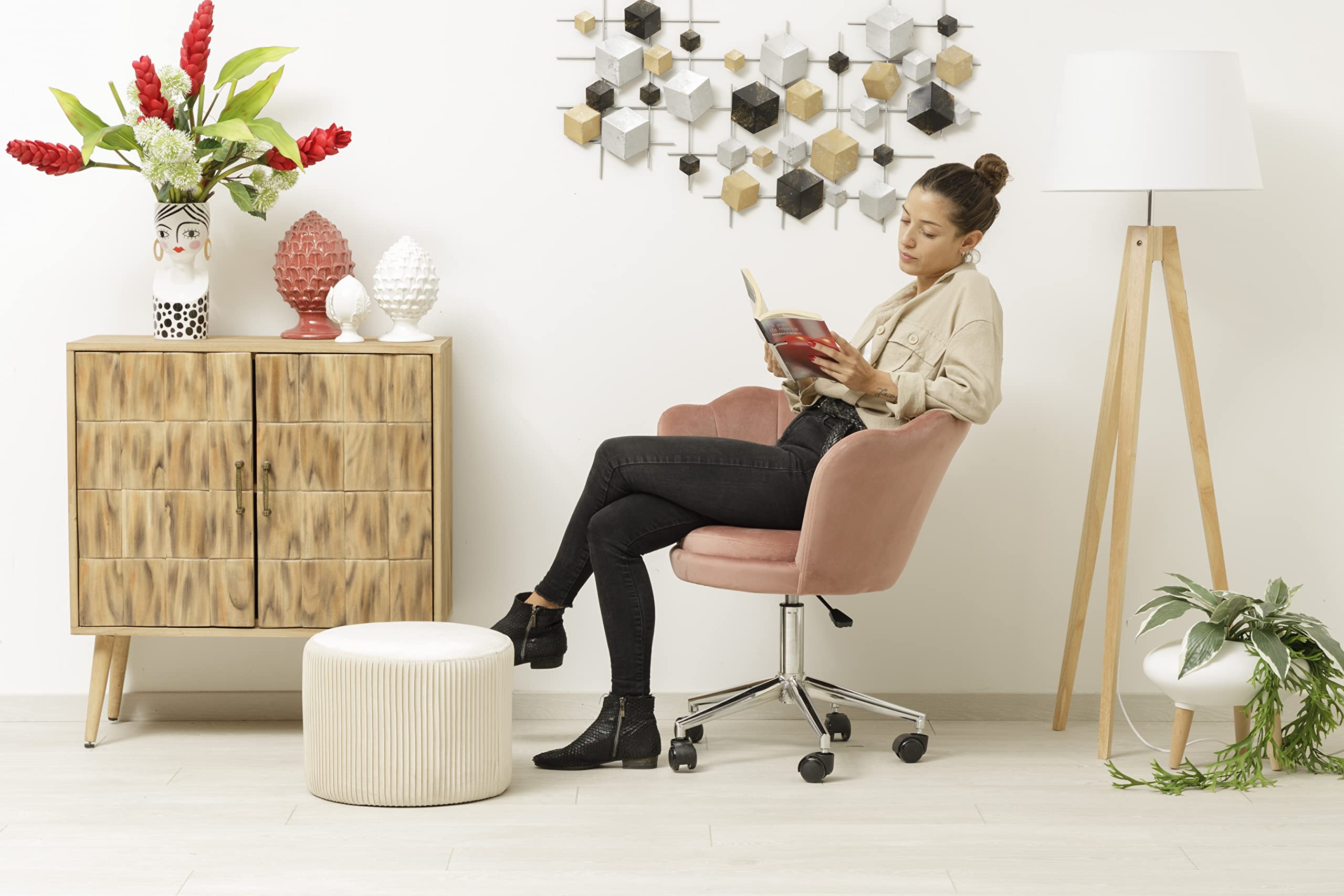baroni-home-sedie-fauteuil-de-bureau-velours-rose-poudr-pivotant image 4