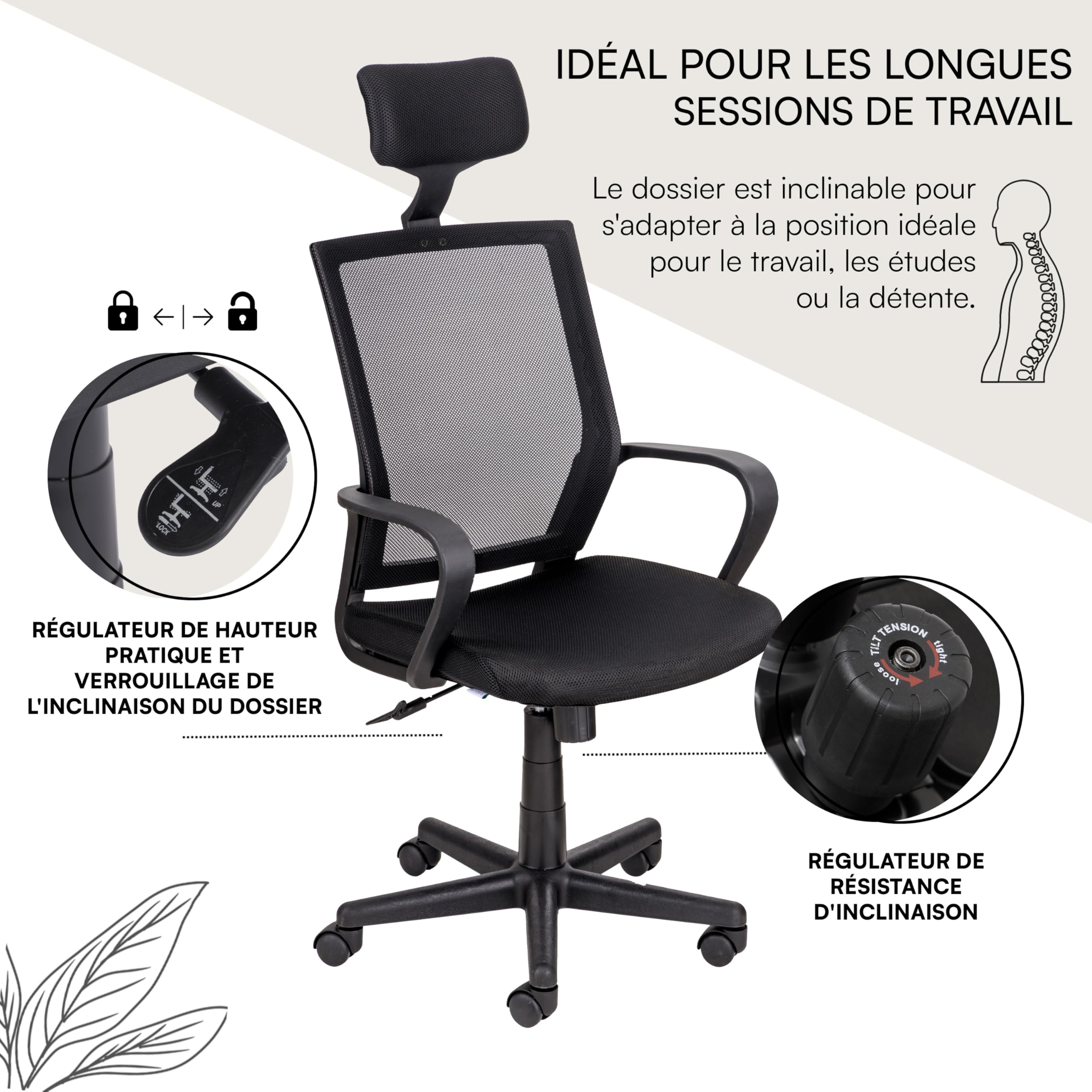 baroni-home-sedie-chaise-bureau-noire-appui-t-te-55x48x91 image 7