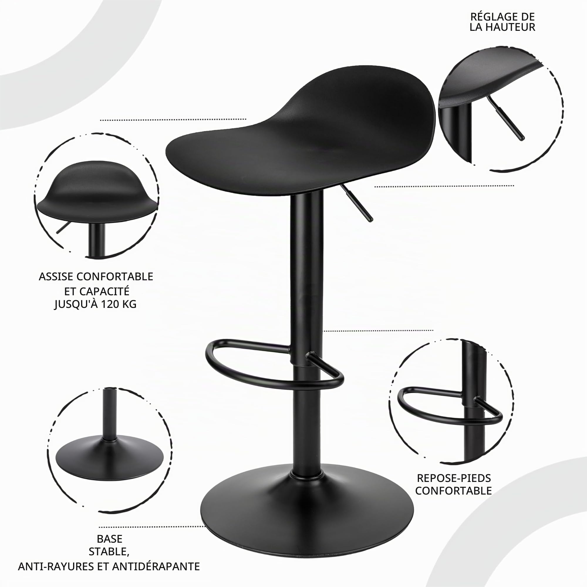 baroni-home-sedie-tabouret-bar-noir-r-glable-64-86-cm image 5