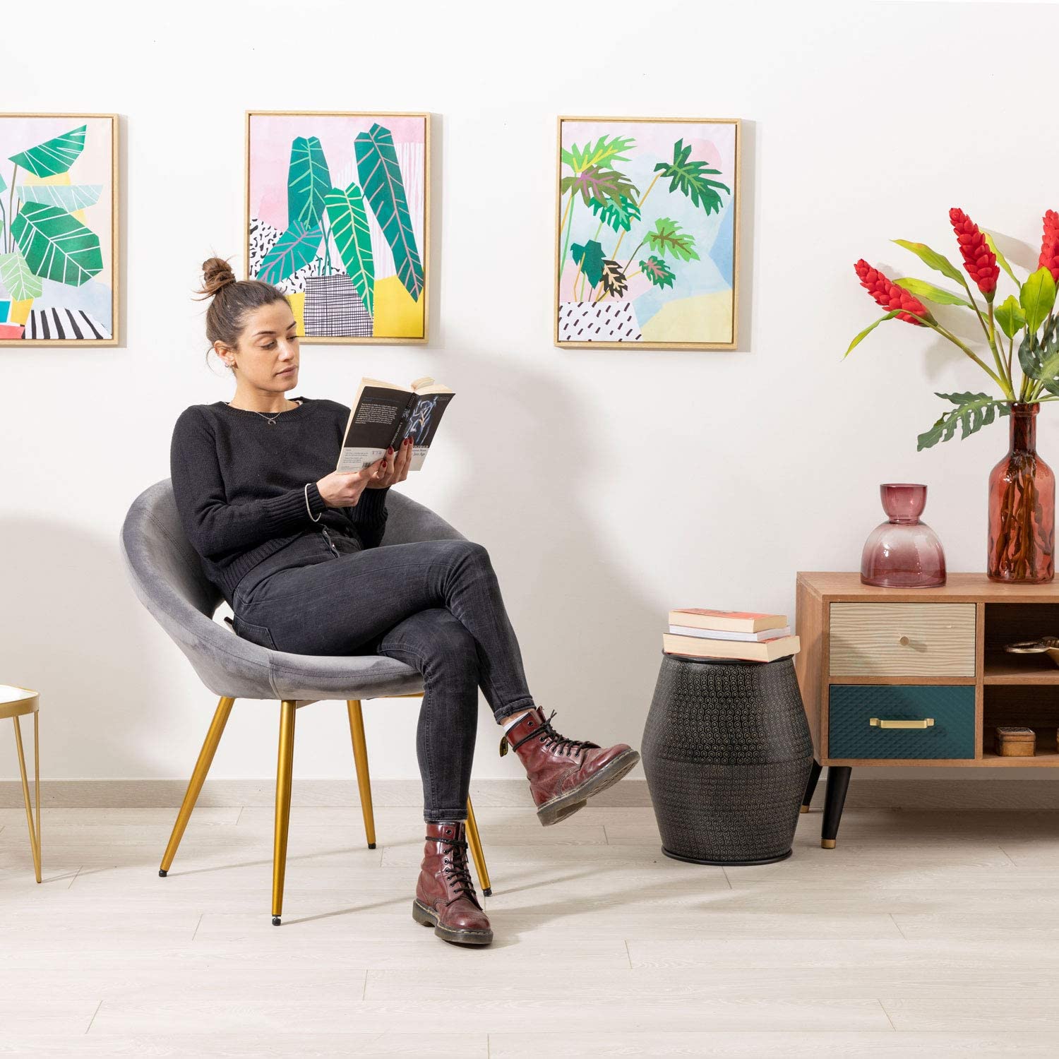 baroni-home-poltrone-fauteuil-velours-rond-gris-55x58x78-cm-pieds-or image 5
