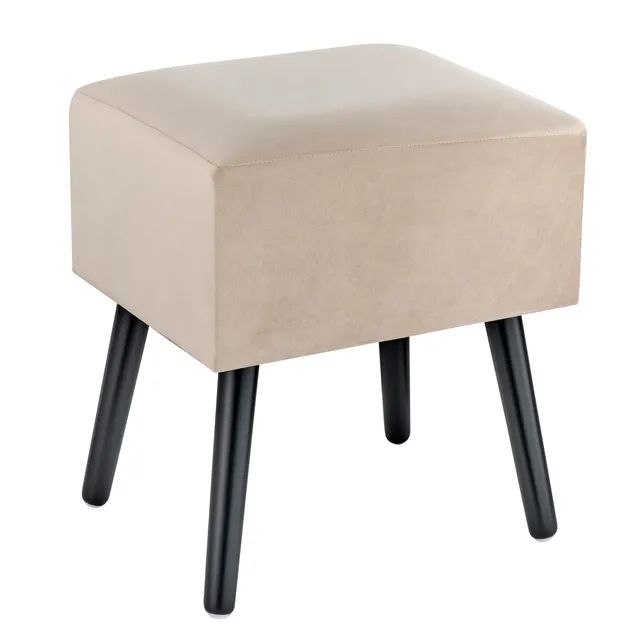 baroni-home-pouf-velours-beige-40x33x46-pieds-bois-salon image 1