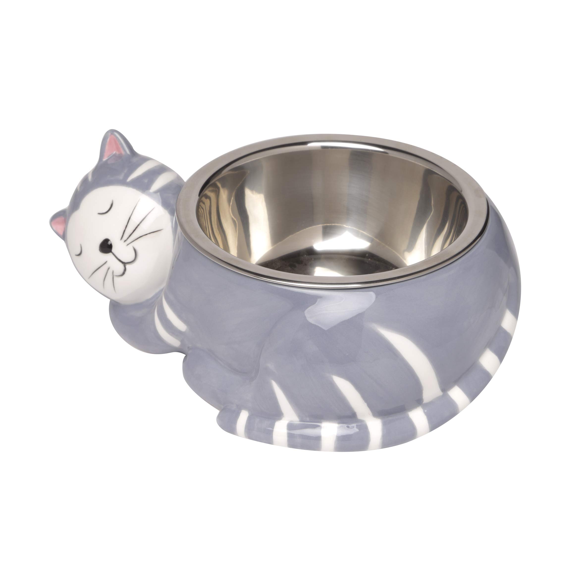 baroni-home-pet-bol-c-ramique-chat-gris-21-cm-acier-inox image 1
