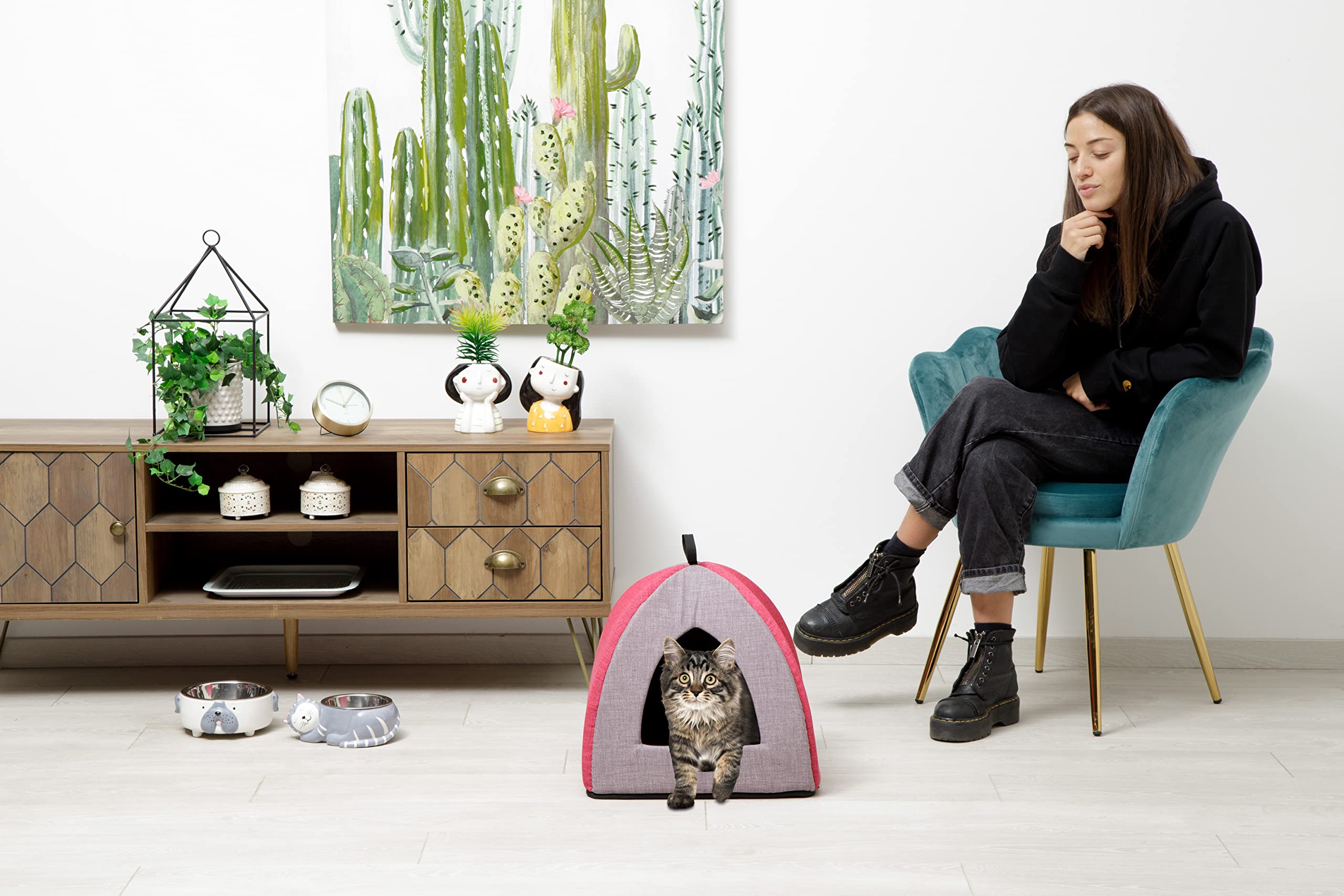 baroni-home-pet-panier-chat-pyramide-gris-bordeaux-40x40x36-cm image 2