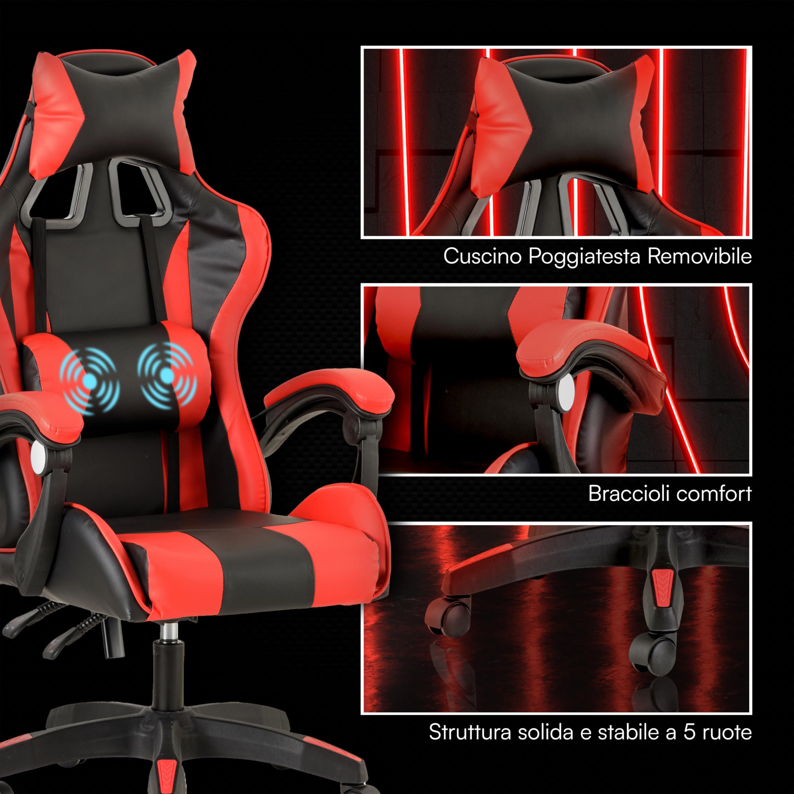 baroni-home-sedie-chaise-gaming-rouge-massage-lombaire-simili-cuir image 6