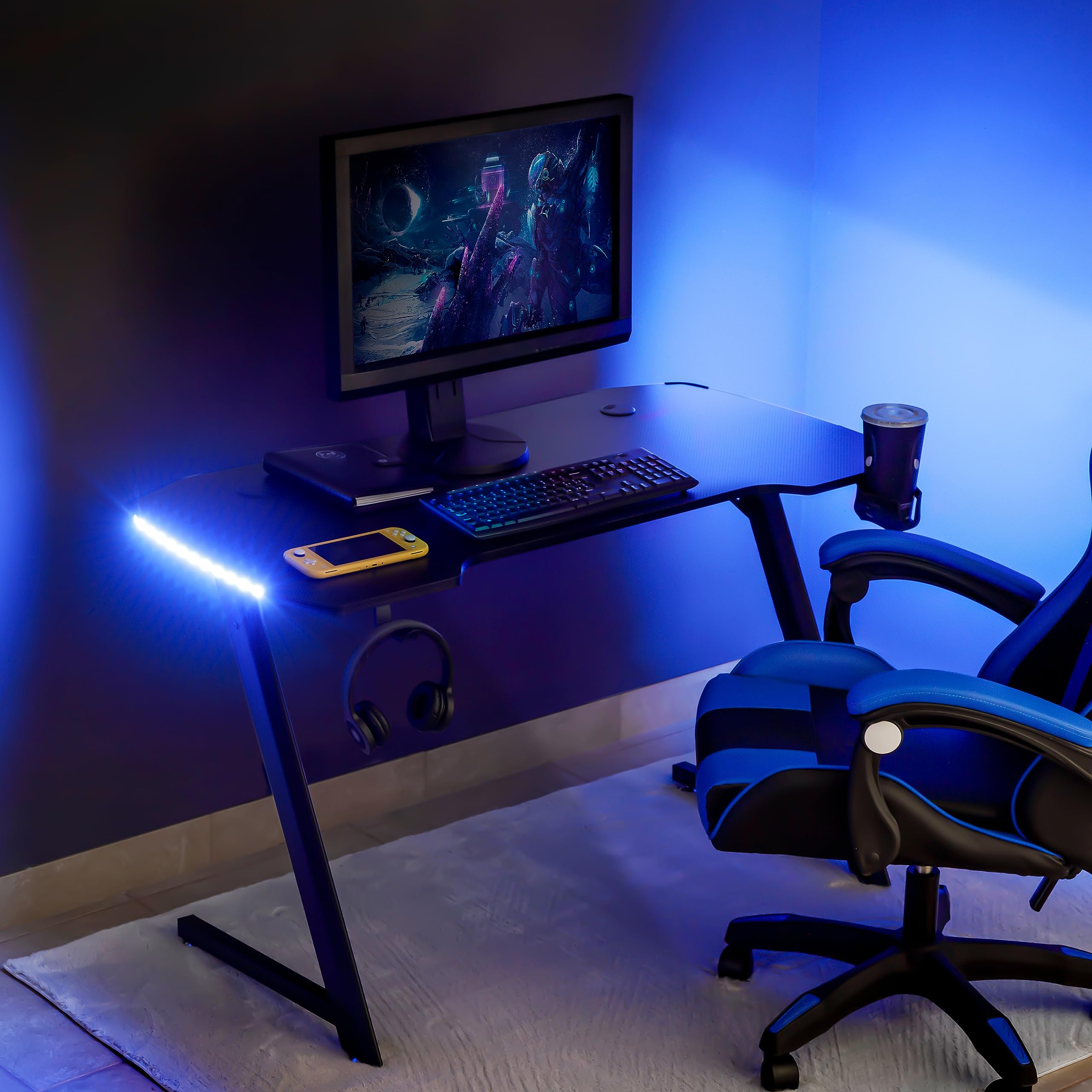 baroni-home-tavoli-bureau-gamer-led-120x60x73-cm-noir-porte-gobelet image 2