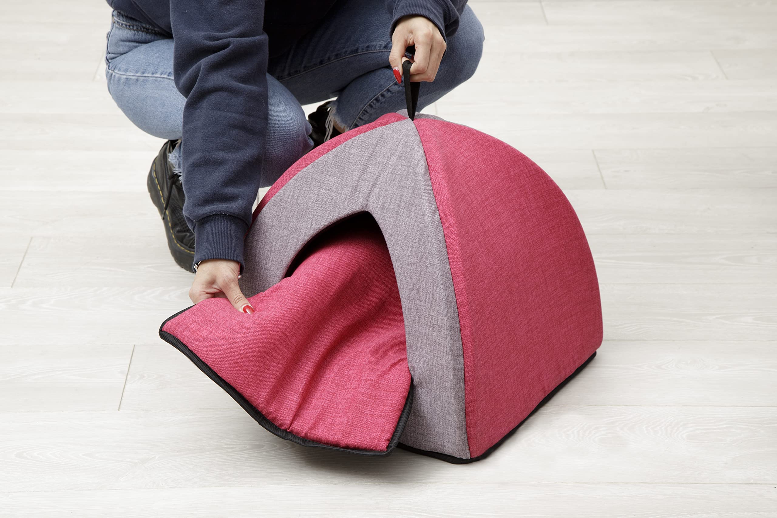 baroni-home-pet-panier-chat-pyramide-gris-bordeaux-40x40x36-cm image 5