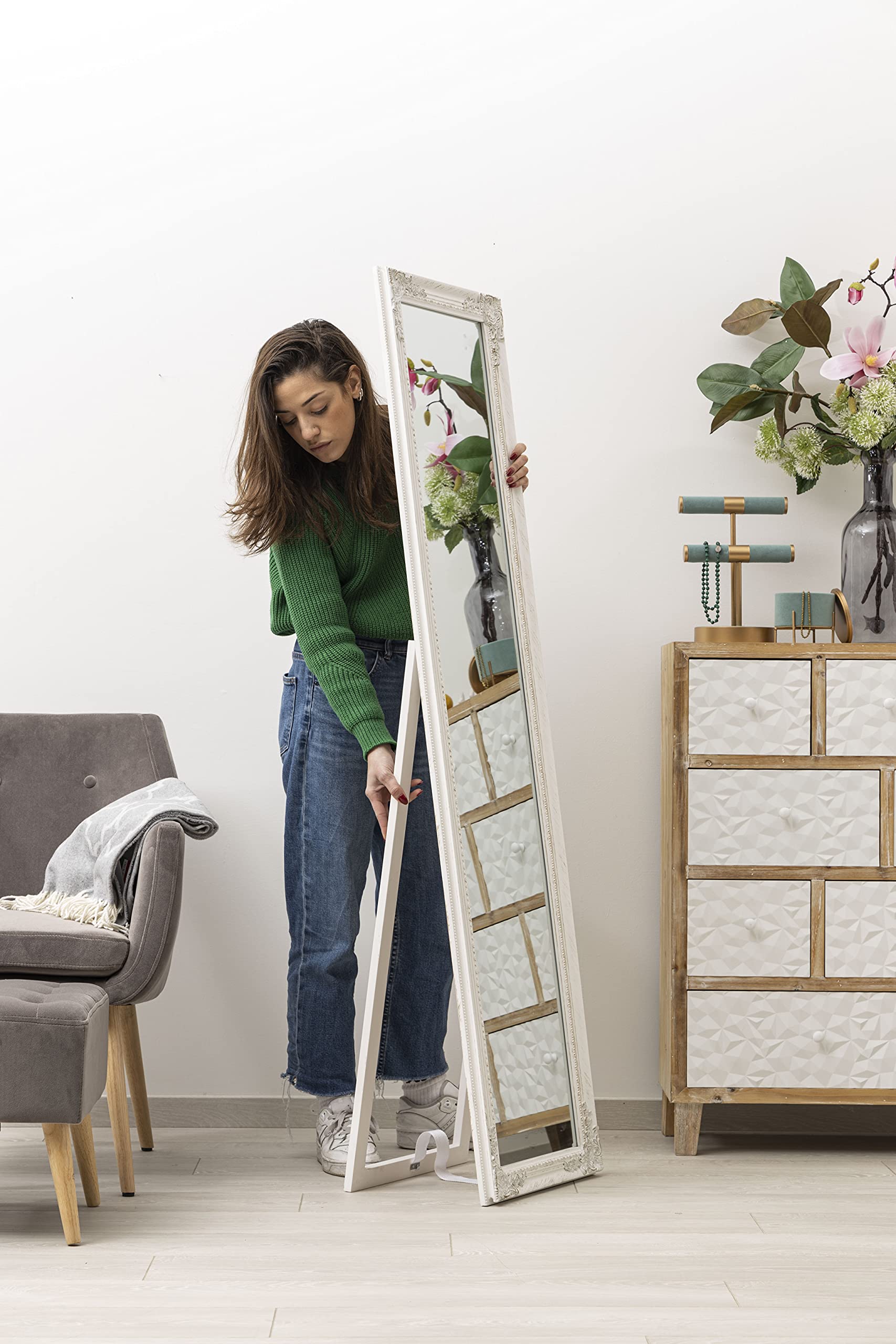 baroni-specchi-miroir-sur-pied-blanc-shabby-chic-160x50-cm image 6