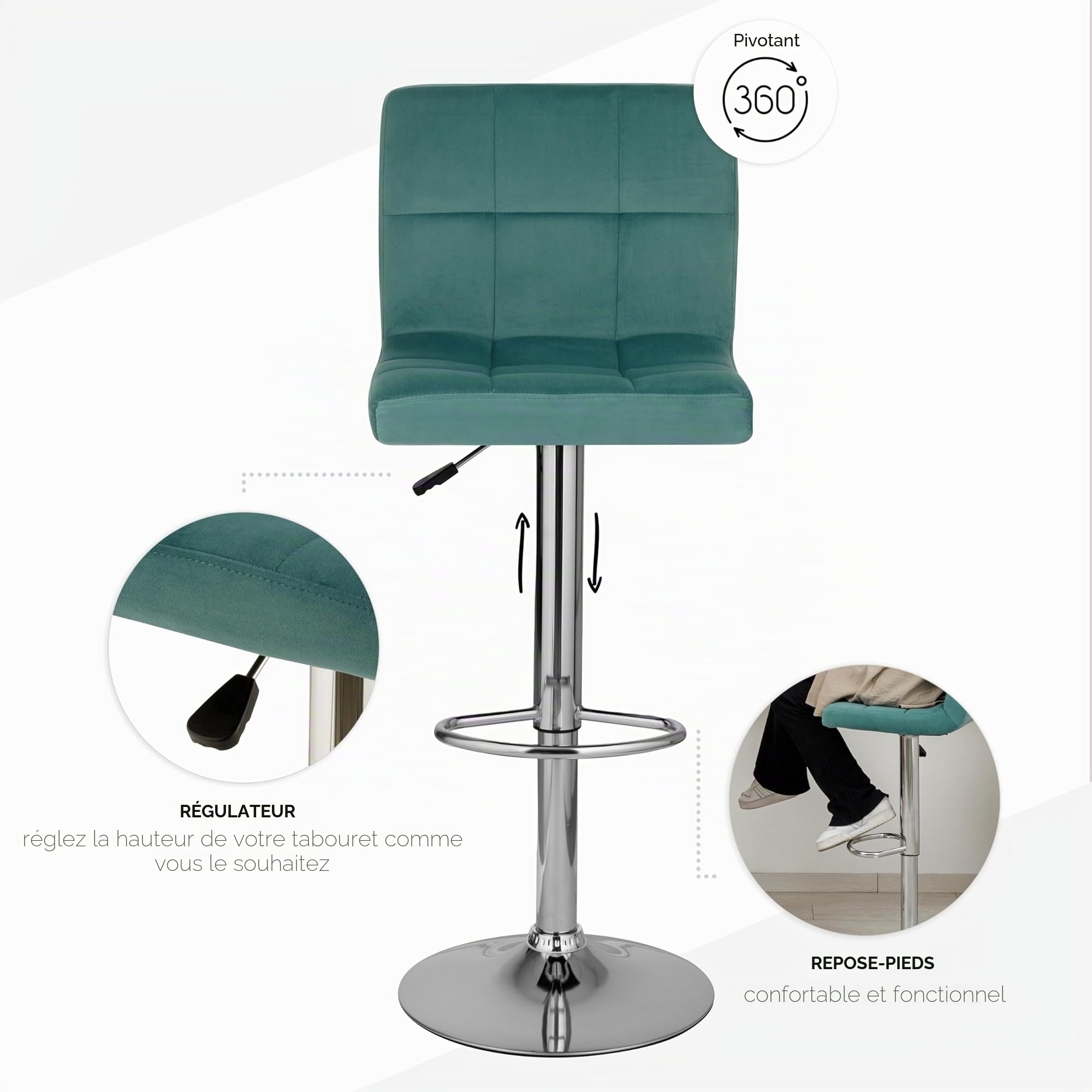 baroni-sedie-tabouret-bar-velours-p-trole-r-glable-lot-2 image 5