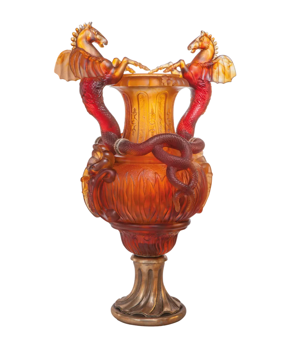 daum-chevaux-ail-s-vase-ambre-cristal-50-ex image 1