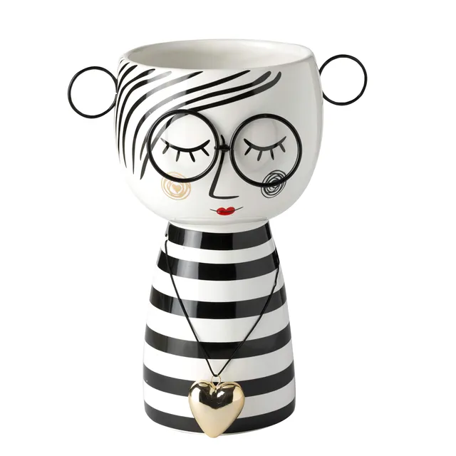 baroni-home-decorazioni-vase-visage-c-ramique-fille-robe-rayures image 1