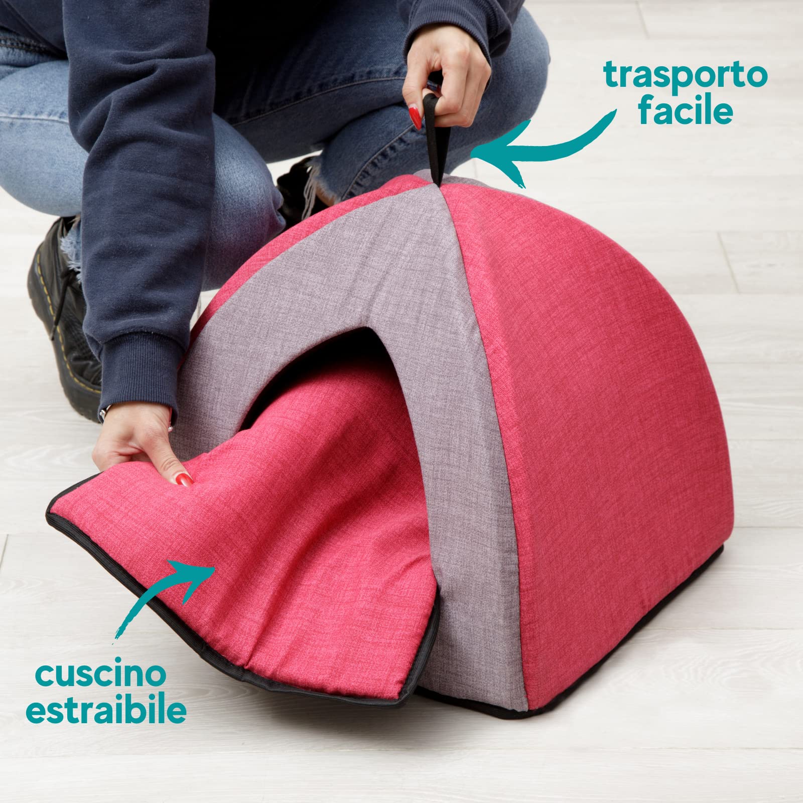 baroni-home-pet-panier-chat-pyramide-gris-bordeaux-40x40x36-cm image 3