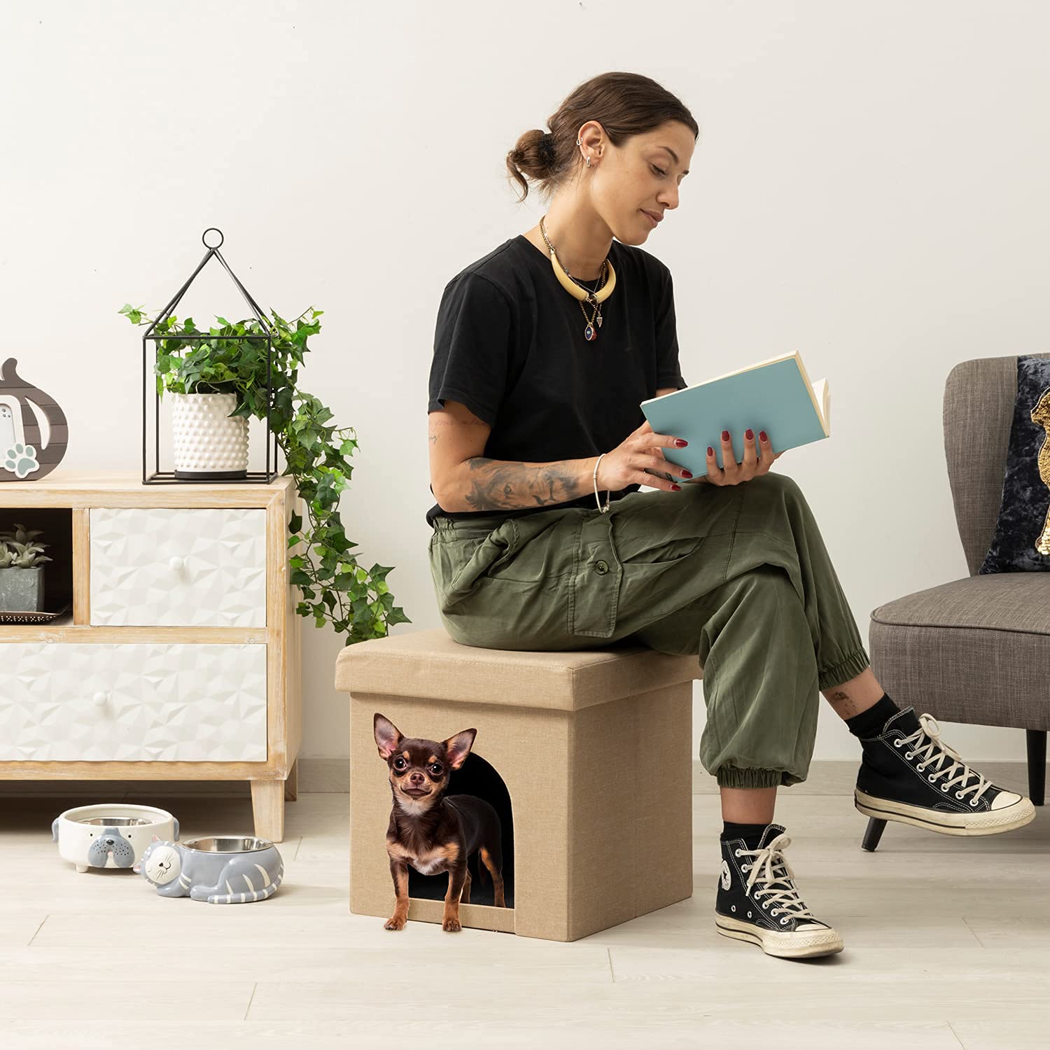 baroni-home-pet-panier-chien-chat-taupe-pliable-38x38x38 image 3